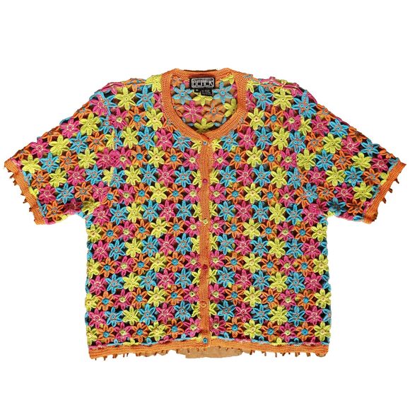 VTG Crochet Sweater XL Floral Colorful Embellished Cardigan Berek Takako Sakon - Picture 13 of 16